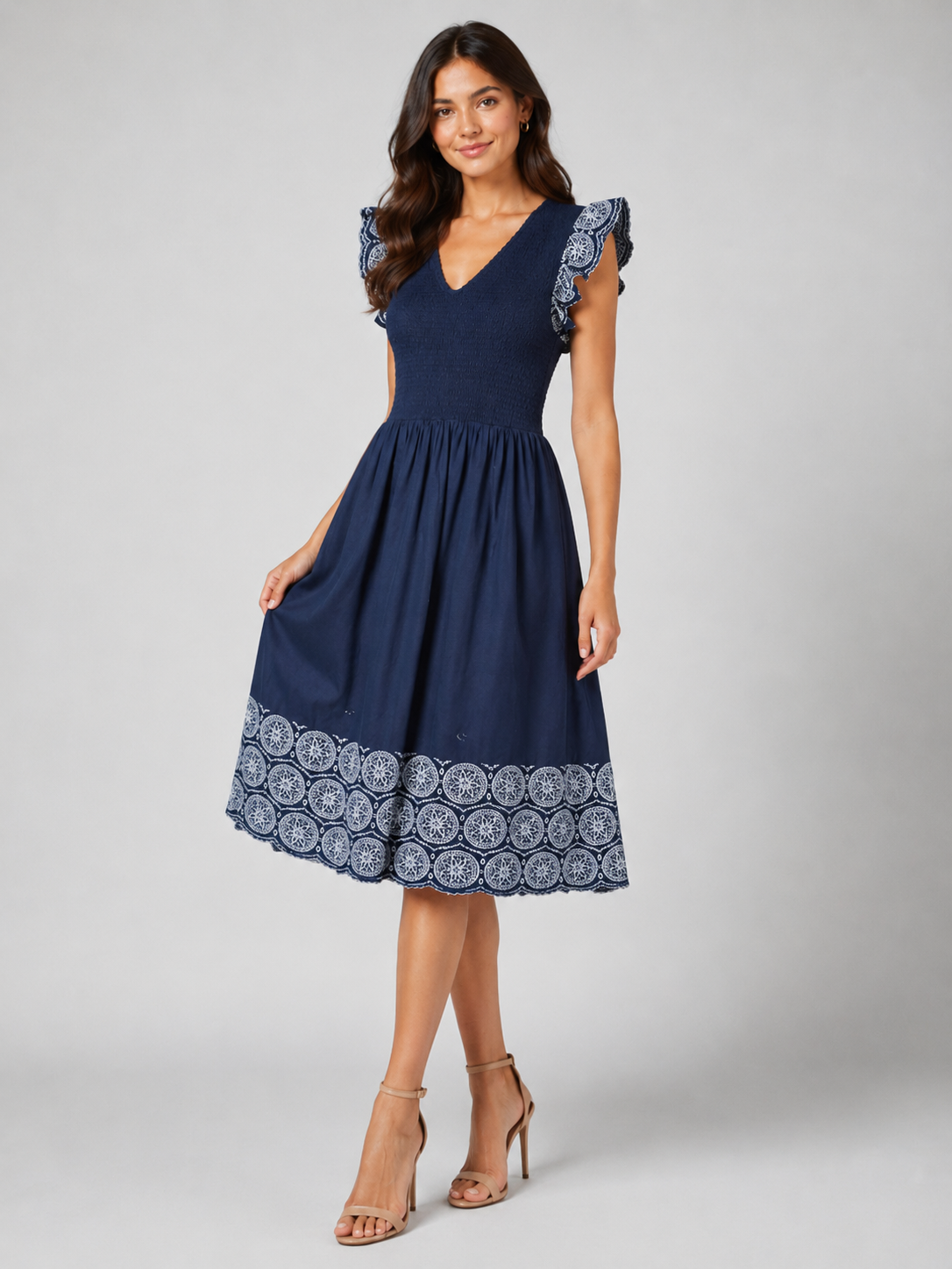Navy Printed Cotton Poplin Midi Women Dress
