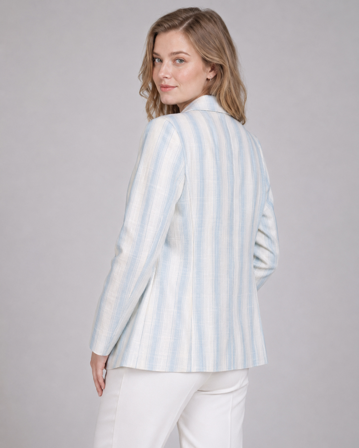 Women Blue & White Striped Cotton Linen Tailored Fit Blazer 2