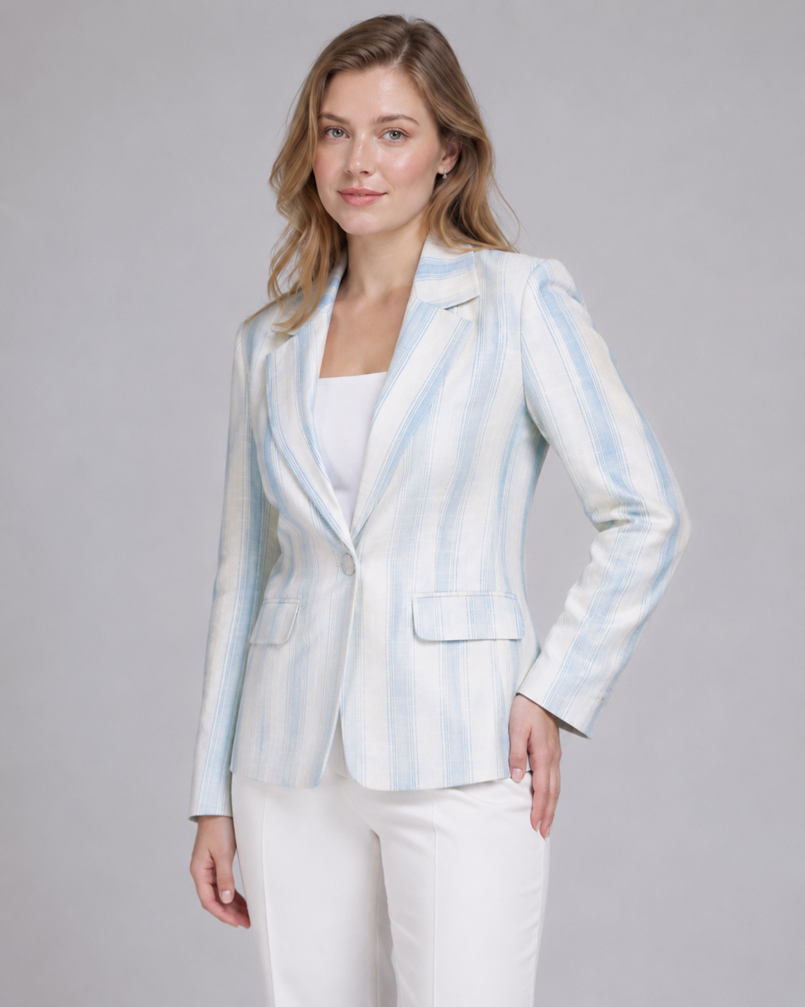 Women Blue & White Striped Cotton Linen Tailored Fit Blazer 3