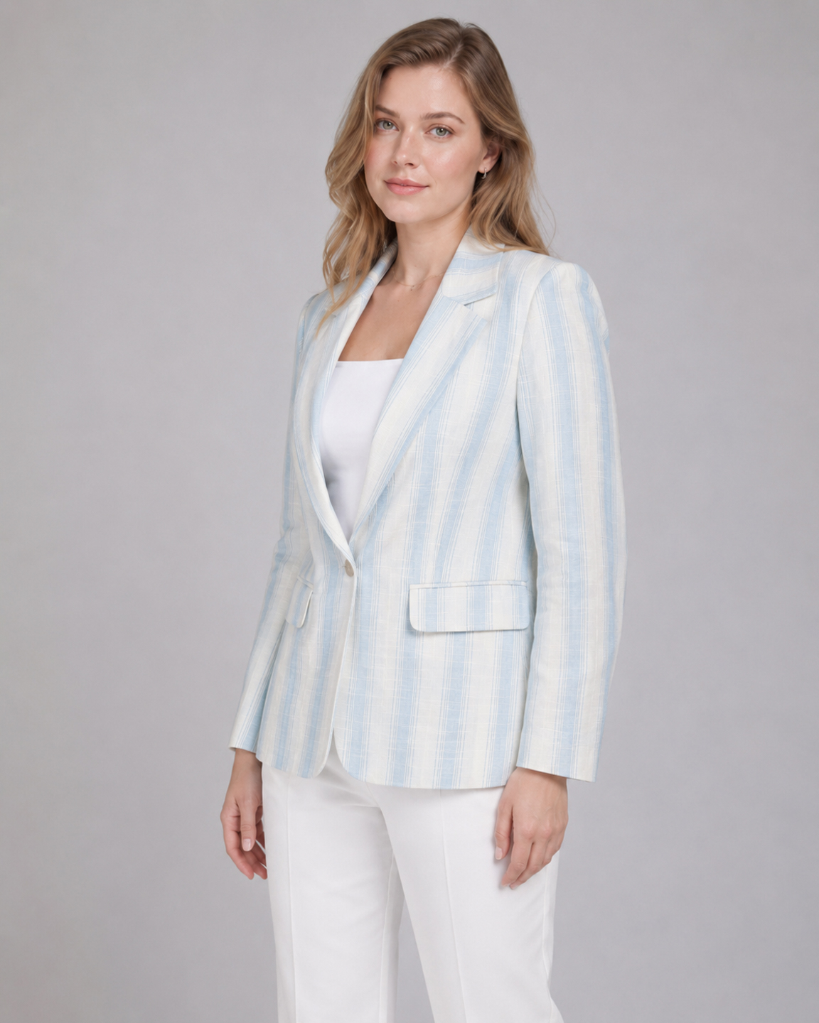 Women Blue & White Striped Cotton Linen Tailored Fit Blazer 4