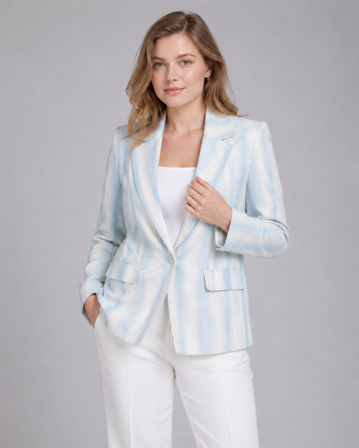 Women Blue & White Striped Cotton Linen Tailored Fit Blazer