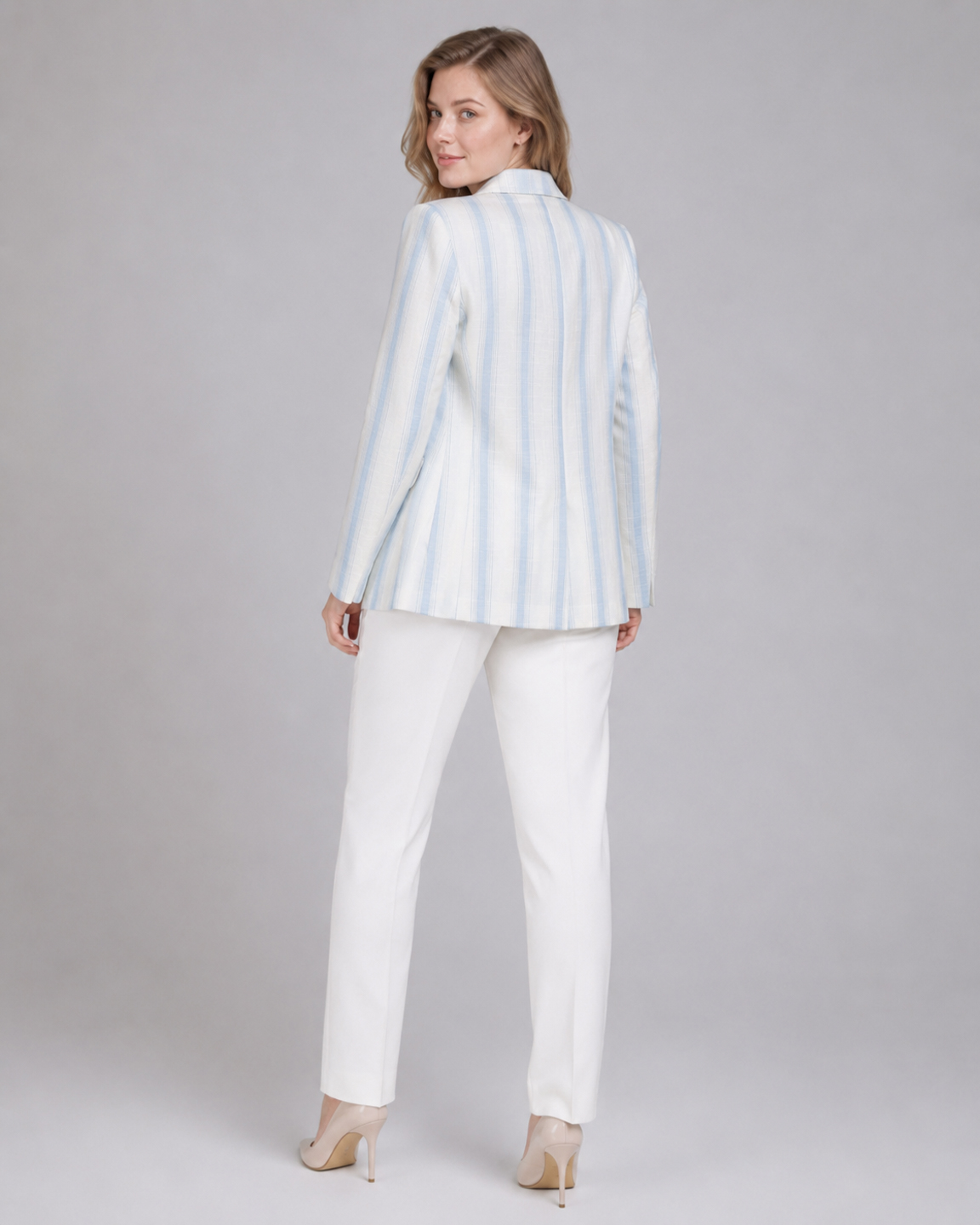 Women Blue & White Striped Cotton Linen Tailored Fit Blazer 5