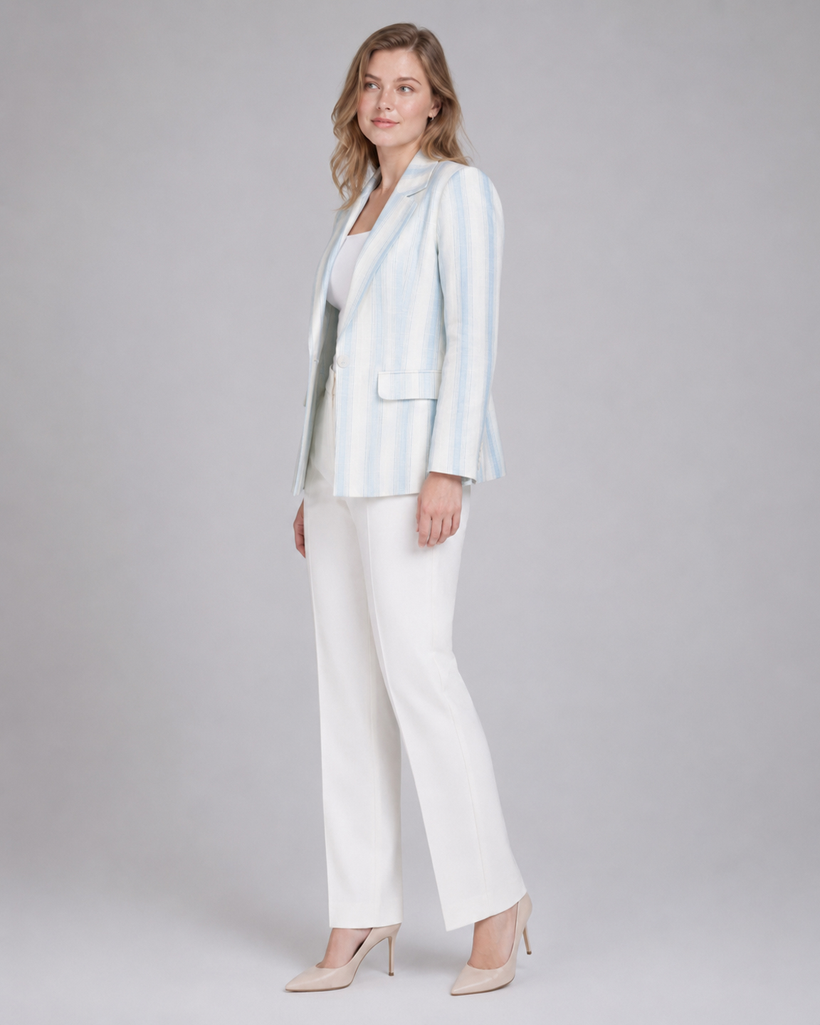 Women Blue & White Striped Cotton Linen Tailored Fit Blazer 6