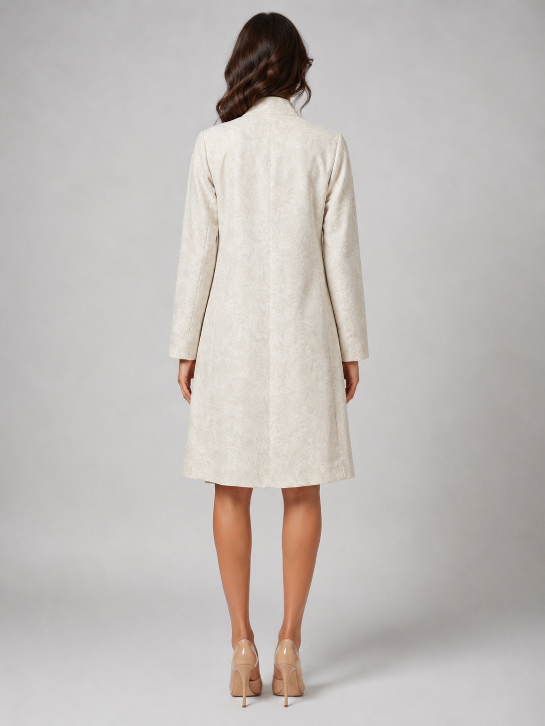 Women Beige Self-Design Waterfall Cotton Linen Longline Coat 3