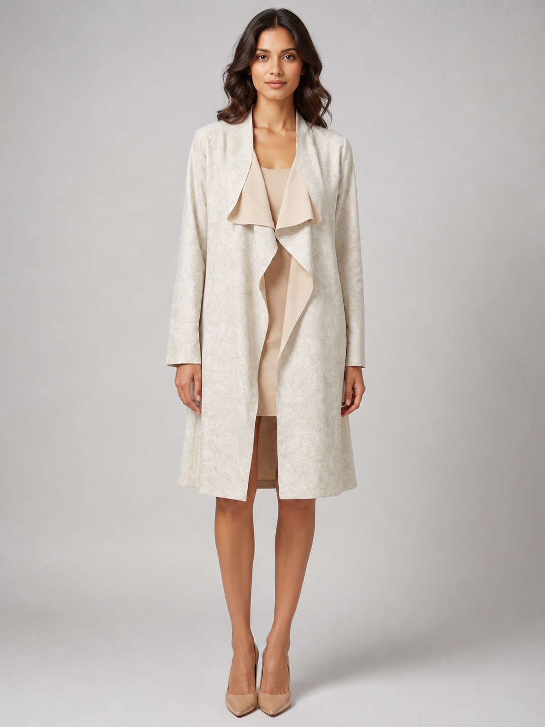 Women Beige Self-Design Waterfall Cotton Linen Longline Coat 4