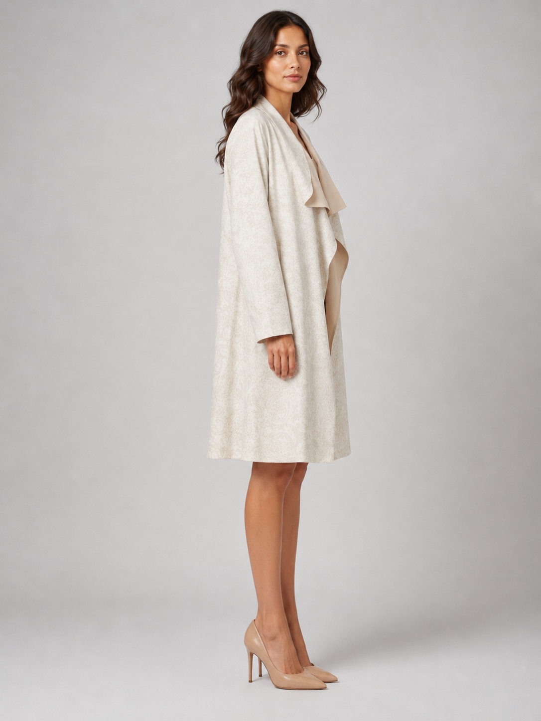 Women Beige Self-Design Waterfall Cotton Linen Longline Coat 6