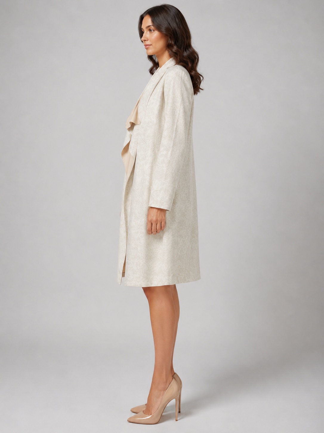 Women Beige Self-Design Waterfall Cotton Linen Longline Coat 5