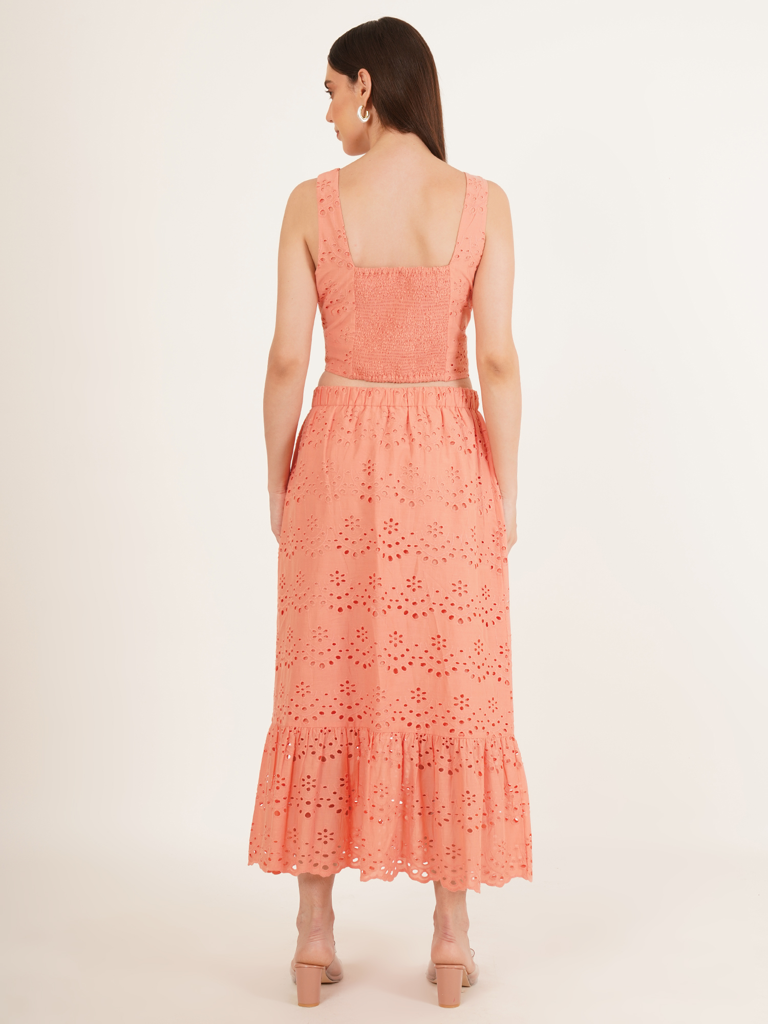 Women Chic Schiffli Pink Cotton Co-Ord Set 3