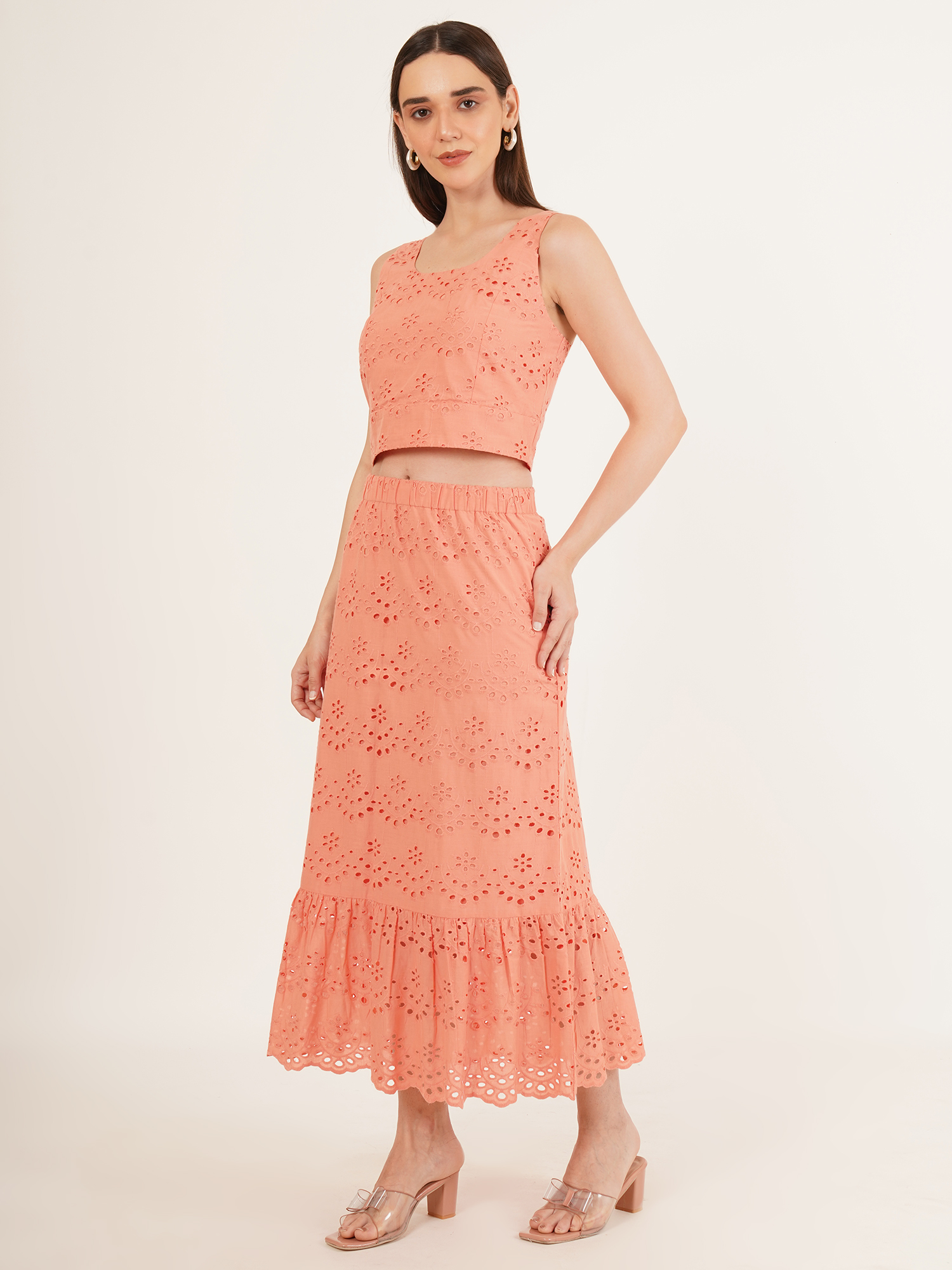 Women Chic Schiffli Pink Cotton Co-Ord Set 4
