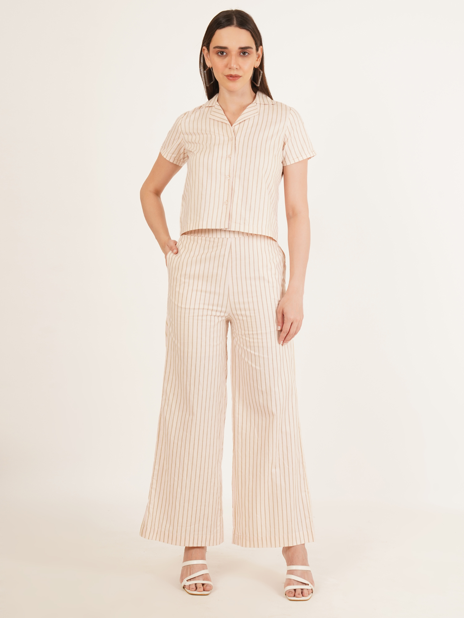 Women Grey & White Stripe Cotton Co-Ord Set