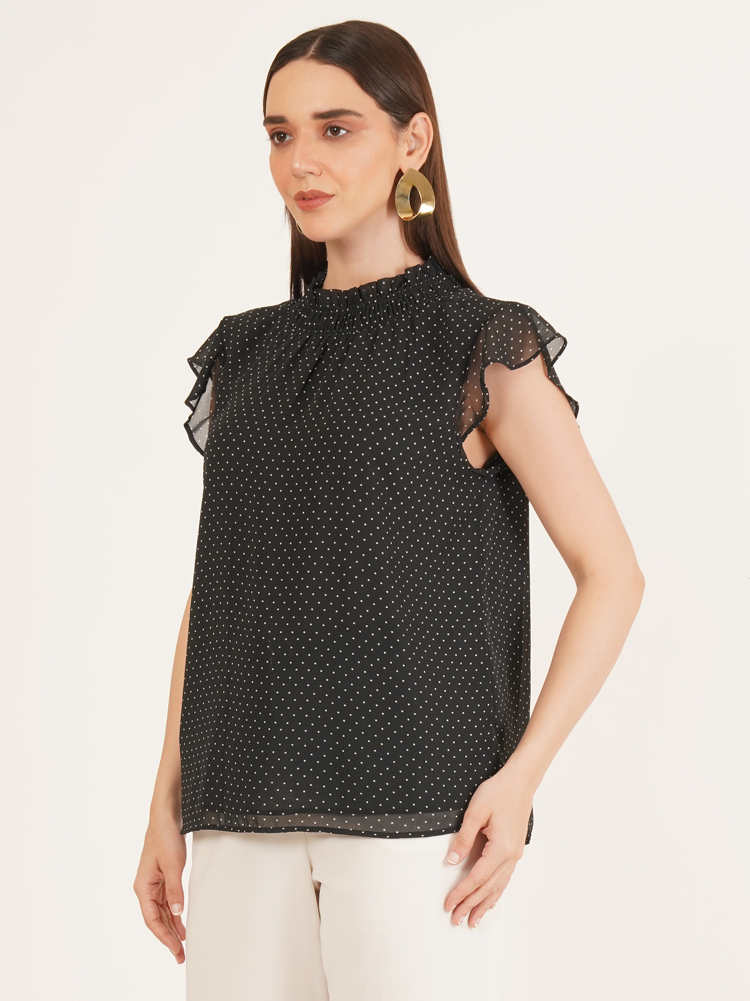 Women Polka Dot Print Smocked Ruffle Top 2