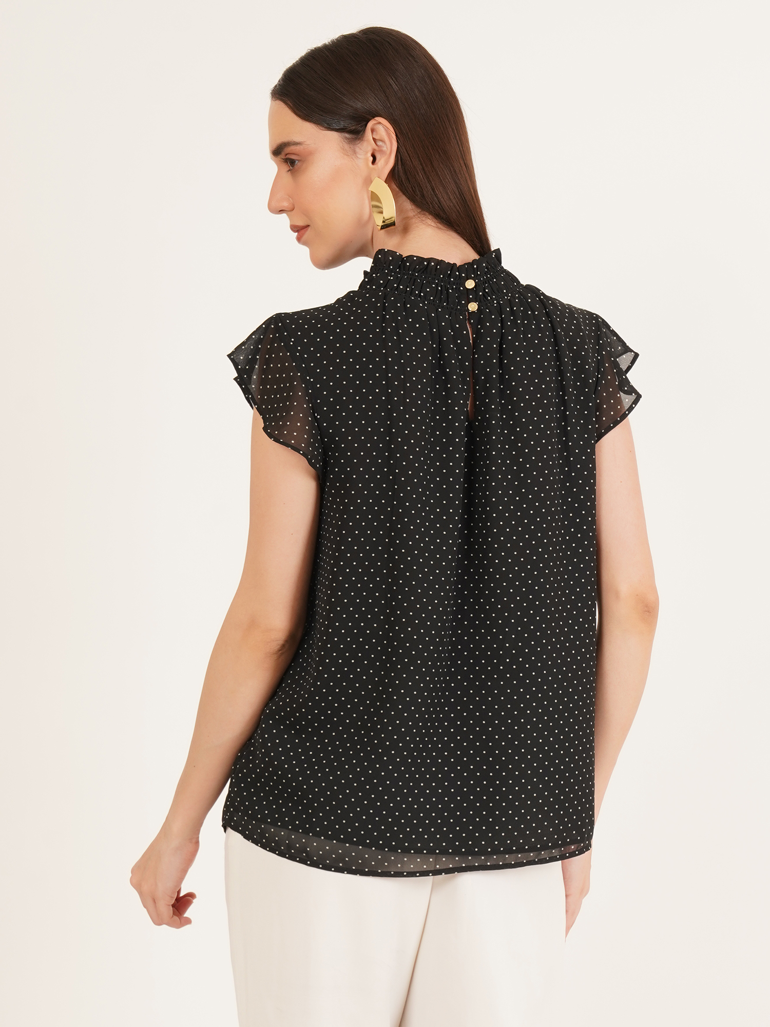 Women Polka Dot Print Smocked Ruffle Top 4