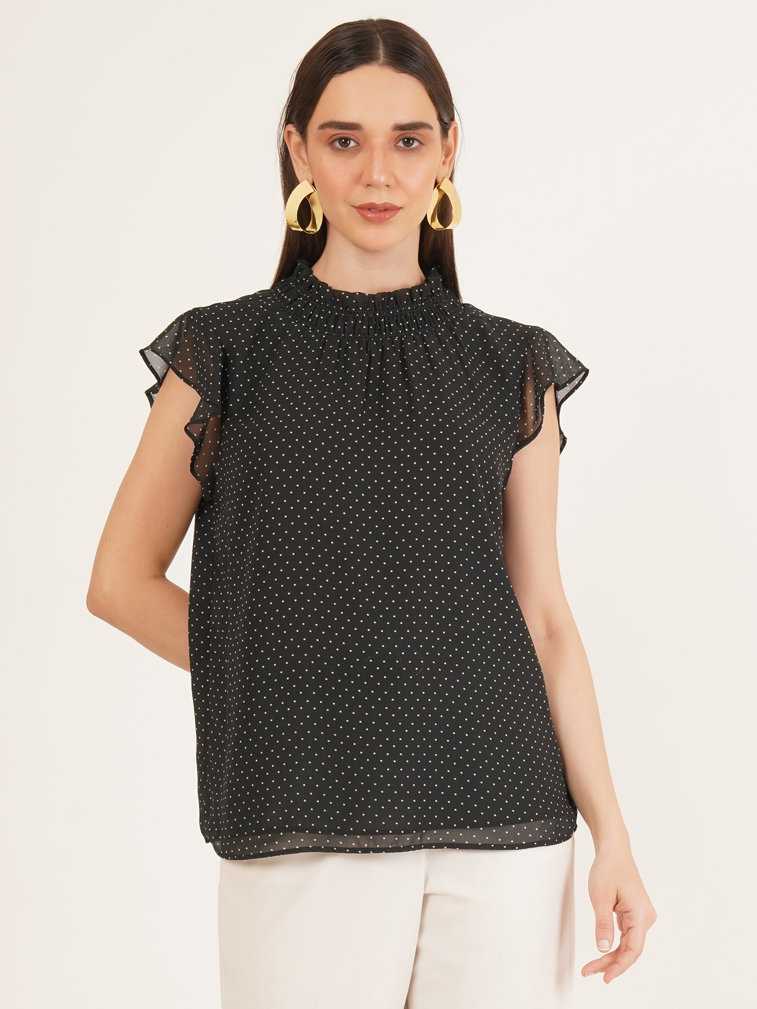 Women Polka Dot Print Smocked Ruffle Top 6