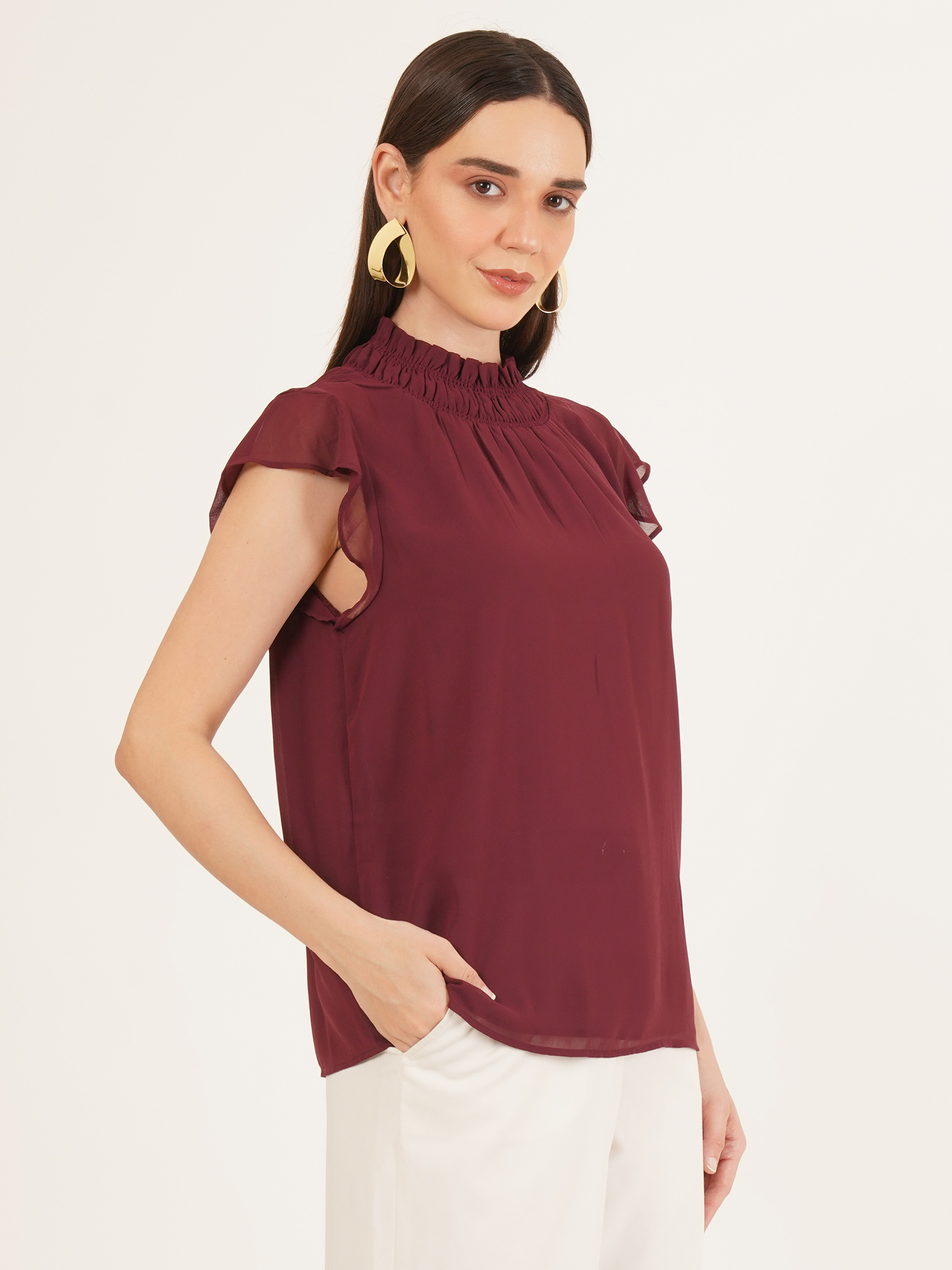 Women Solid Smocked Ruffle Top 2