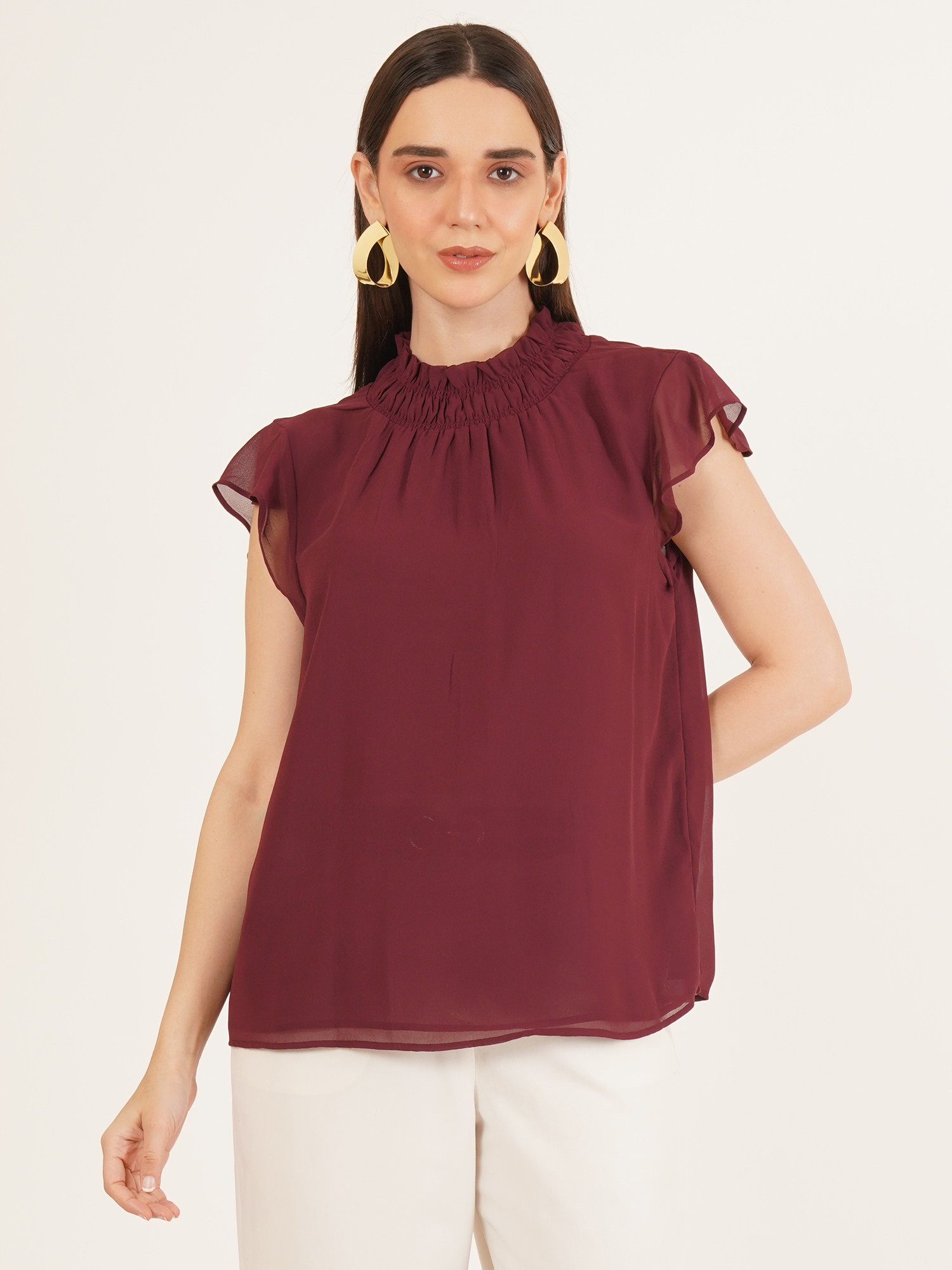 Women Solid Smocked Ruffle Top 6