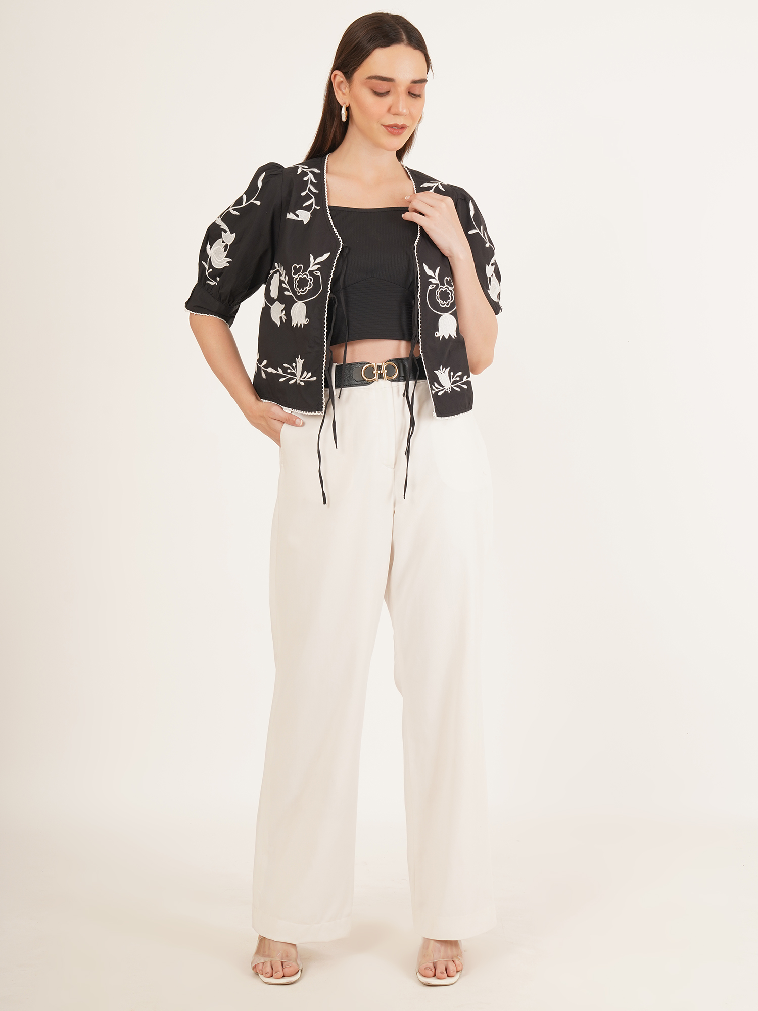 Women Embroidered Tie Front Crop Top 6