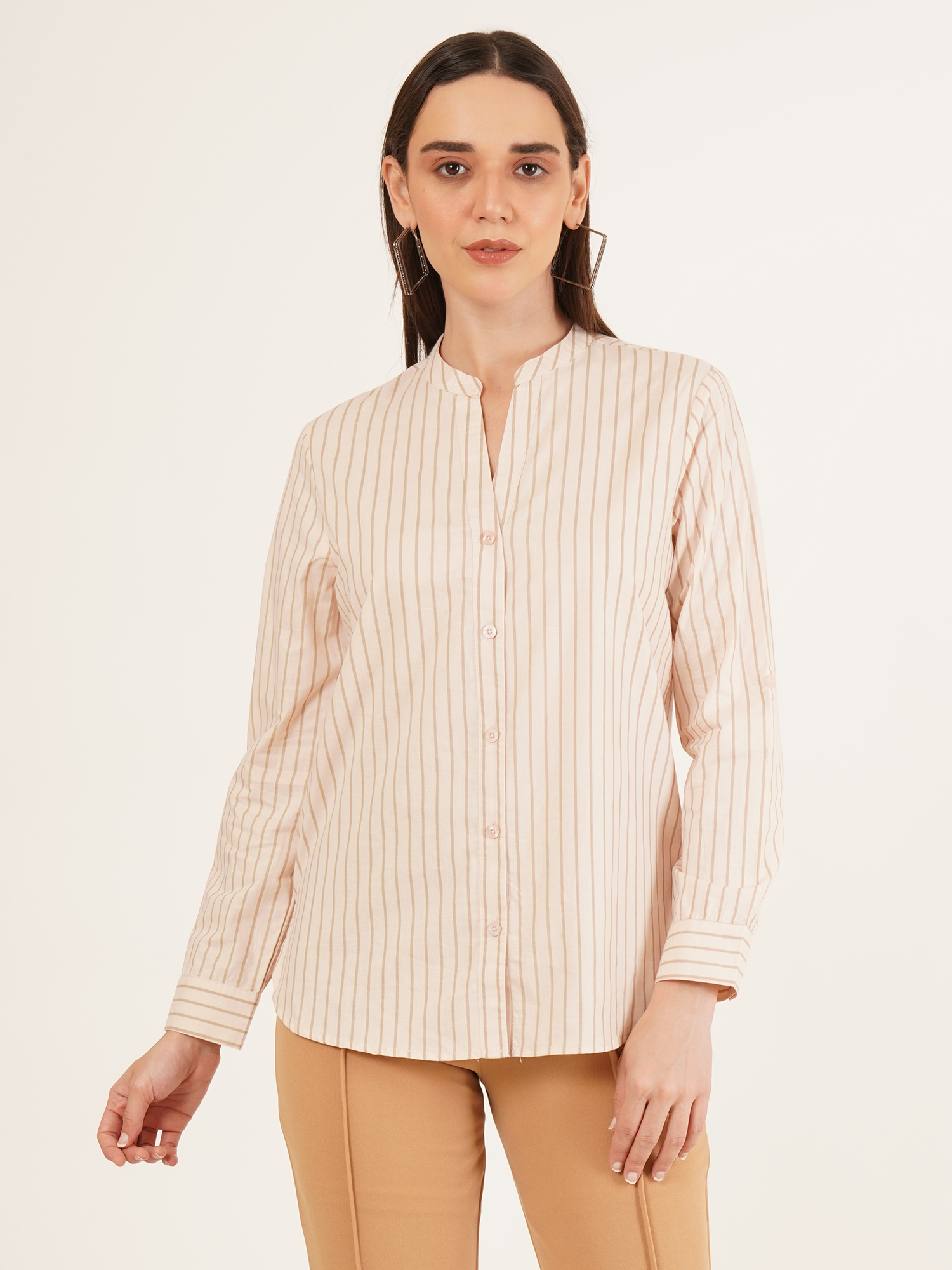 Women Stripe Mandarin Collar Top