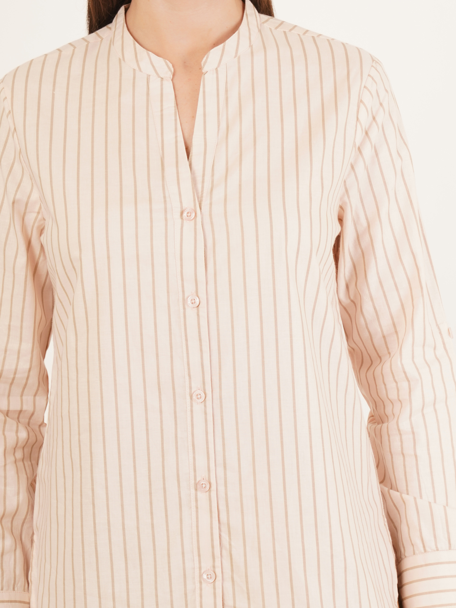 Women Stripe Mandarin Collar Top 2