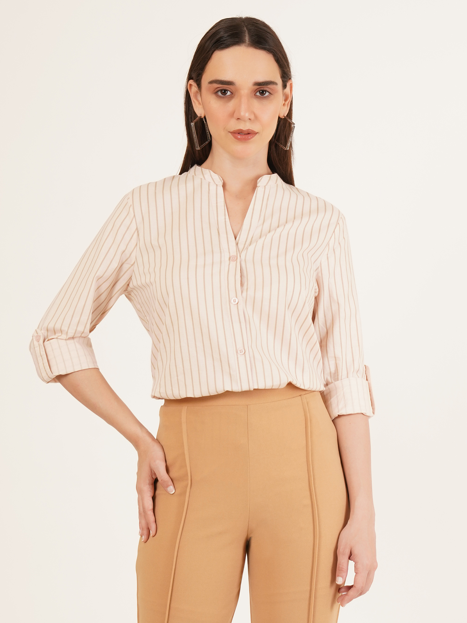 Women Stripe Mandarin Collar Top 3