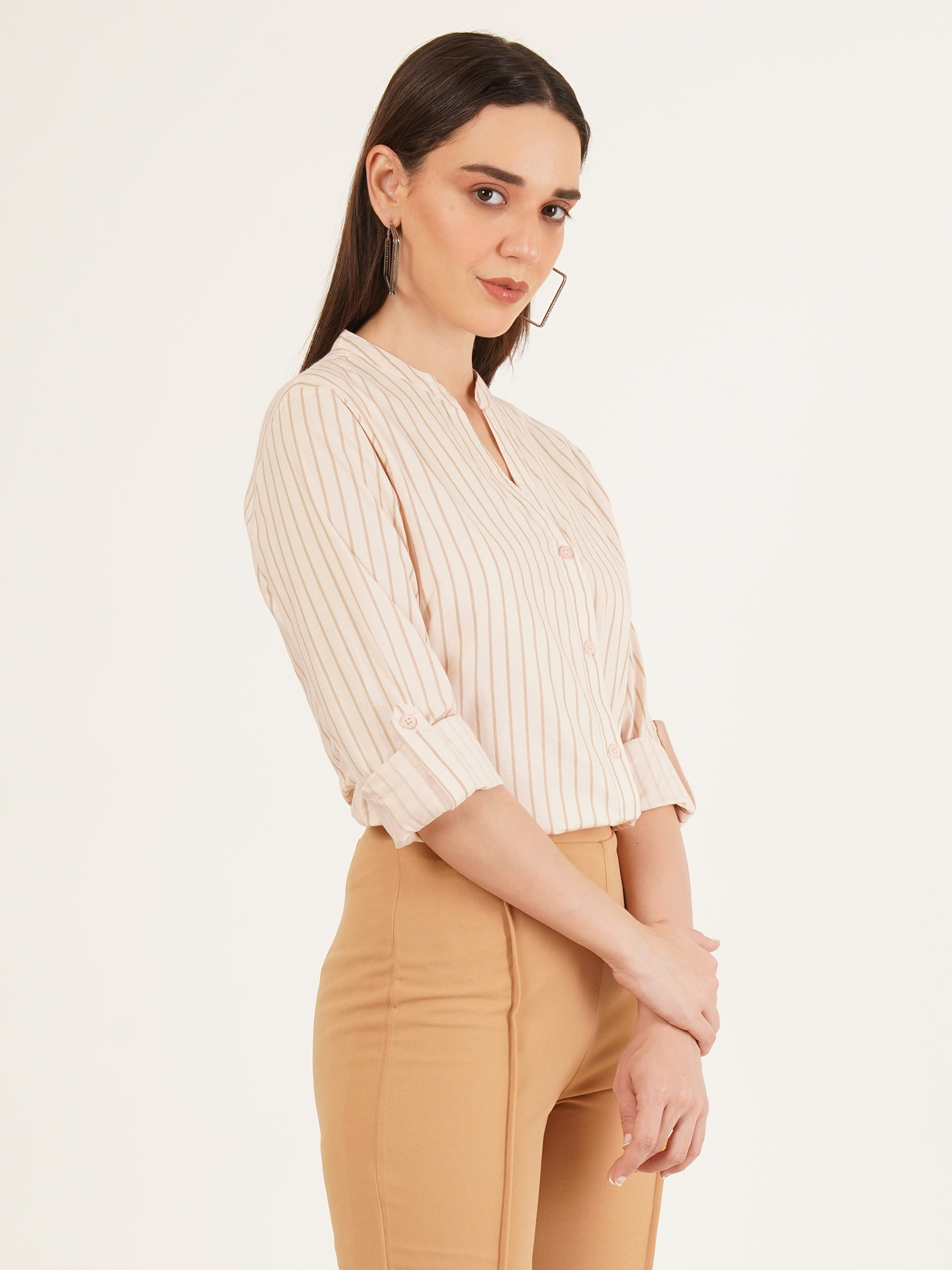 Women Stripe Mandarin Collar Top 4