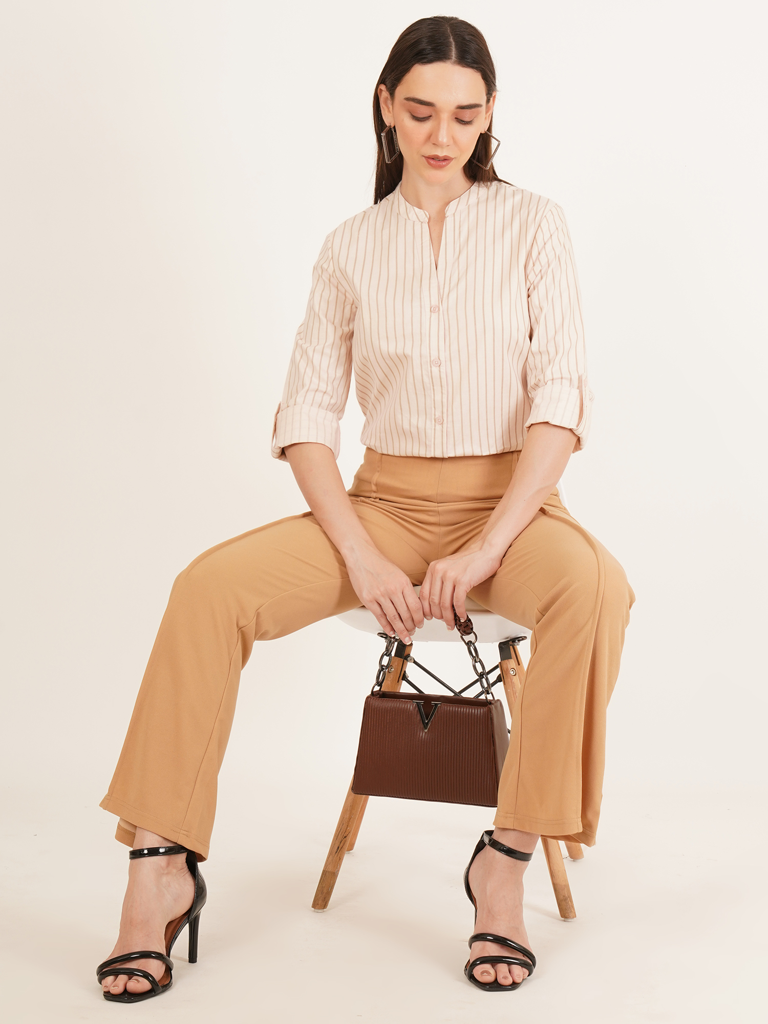 Women Stripe Mandarin Collar Top 5