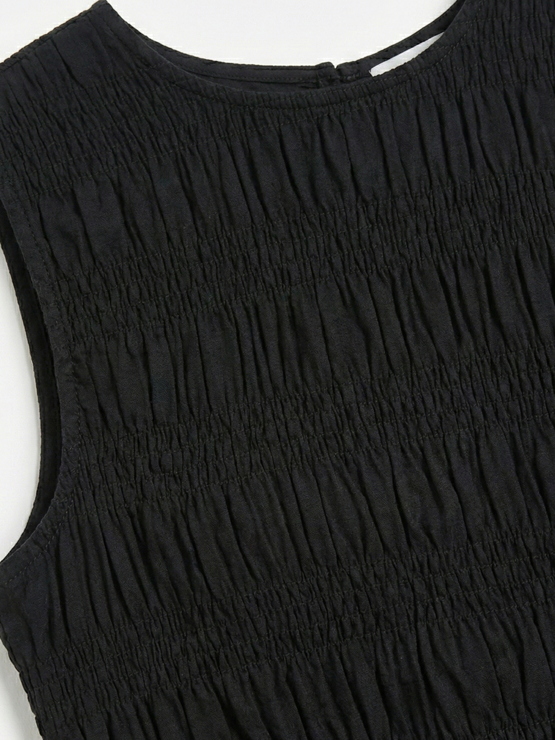 Women Black Cotton Solid Smocked Shirred Dress 2