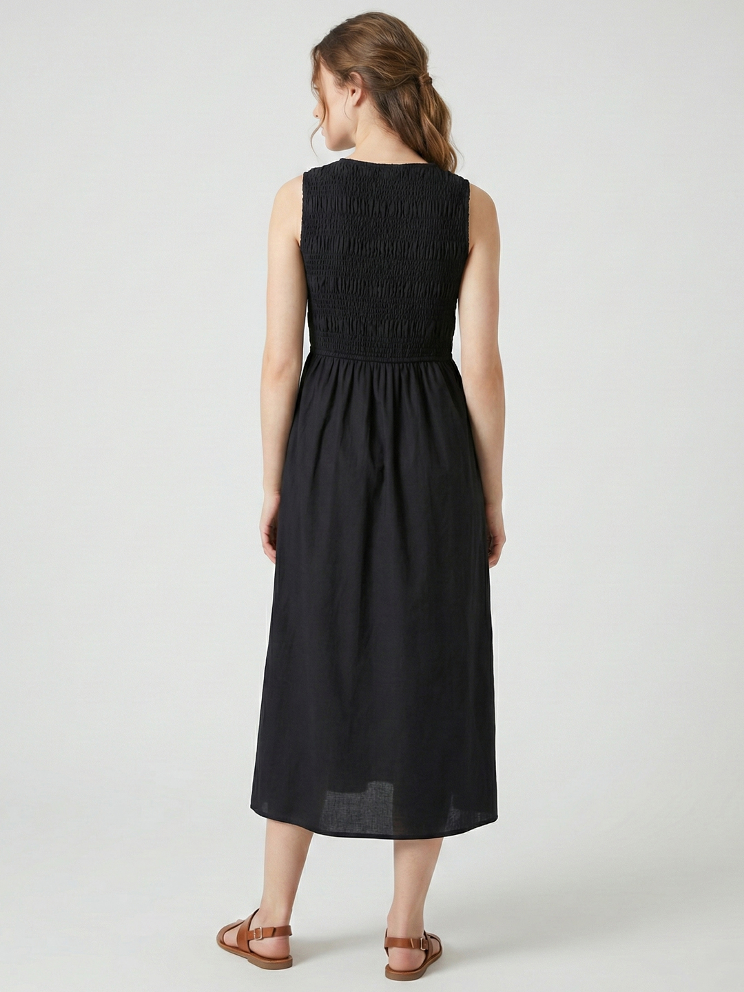 Women Black Cotton Solid Smocked Shirred Dress 3