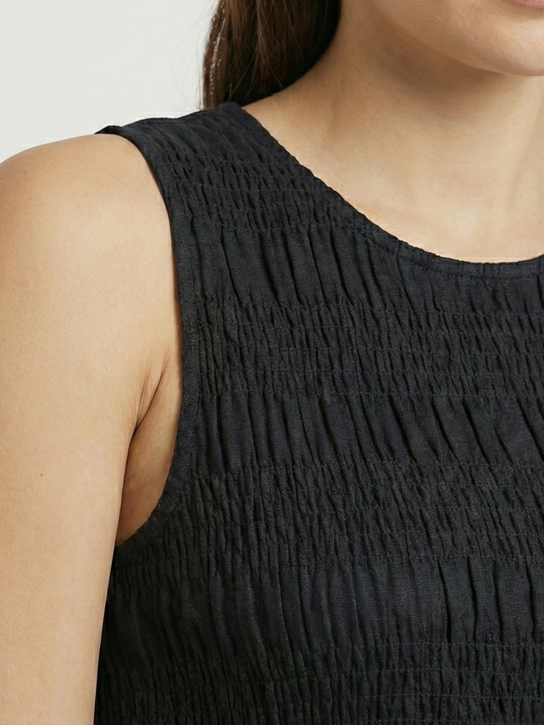 Women Black Cotton Solid Smocked Shirred Dress 4