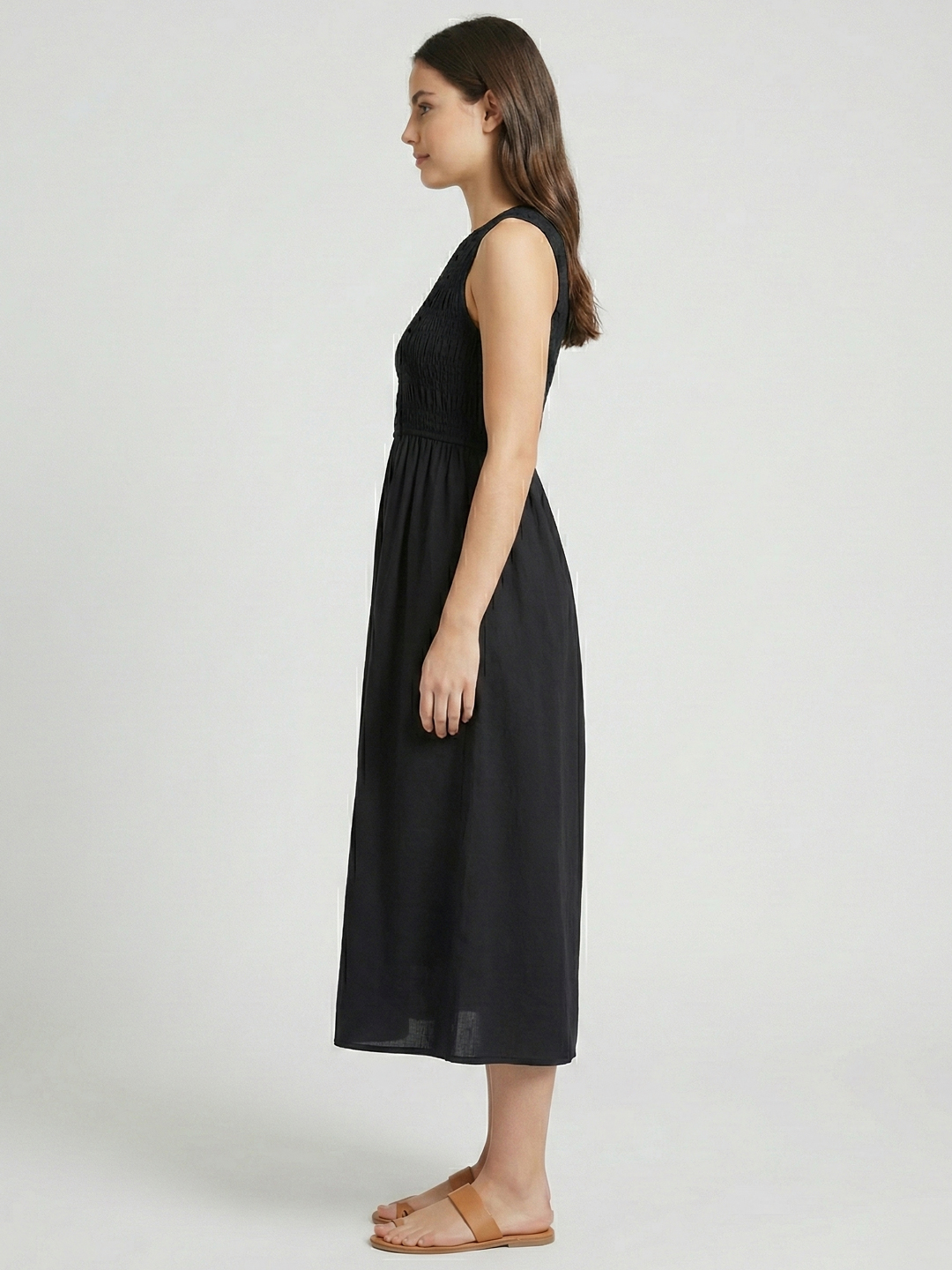 Women Black Cotton Solid Smocked Shirred Dress 5
