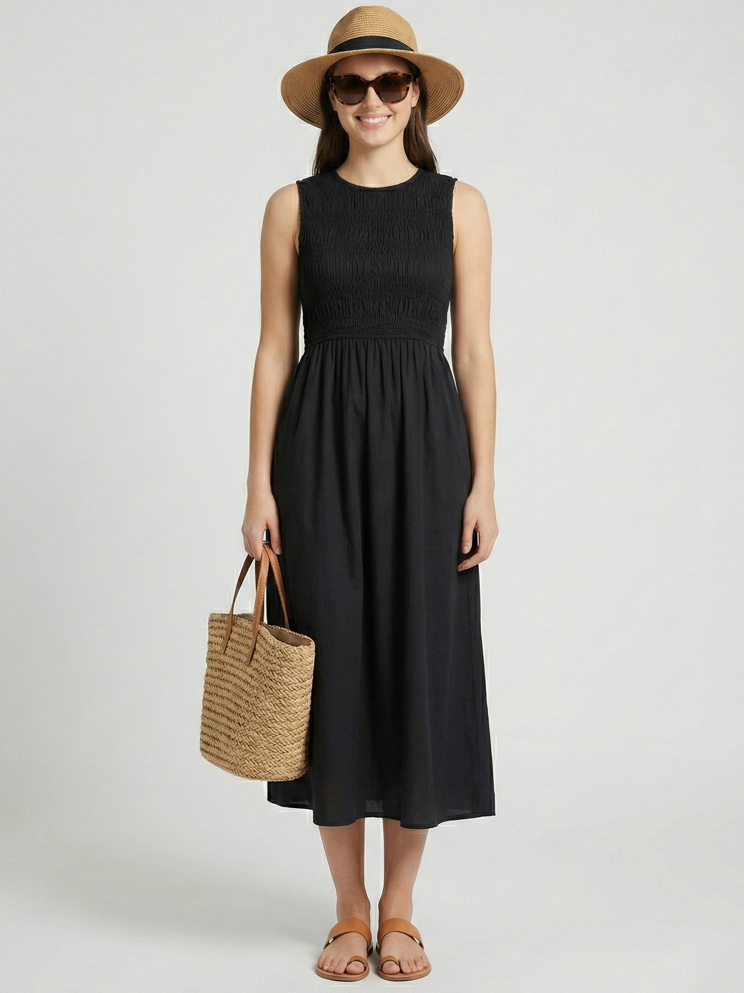 Women Black Cotton Solid Smocked Shirred Dress 6