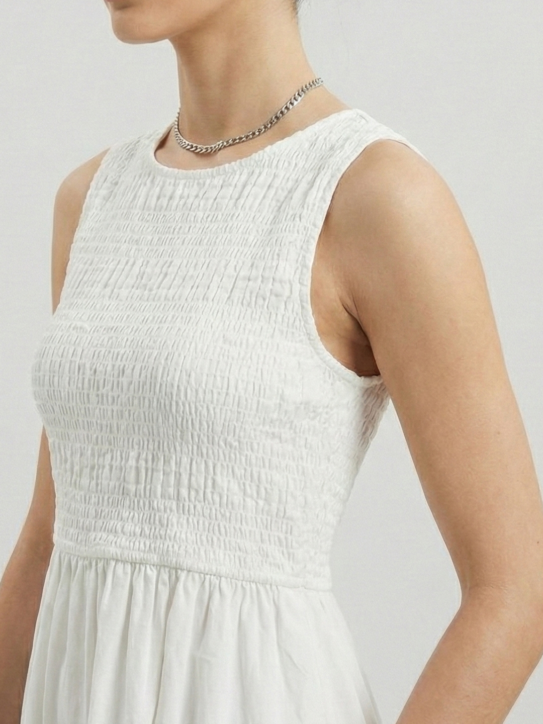 Women White Cotton Solid Smocked Shirred Dress 2