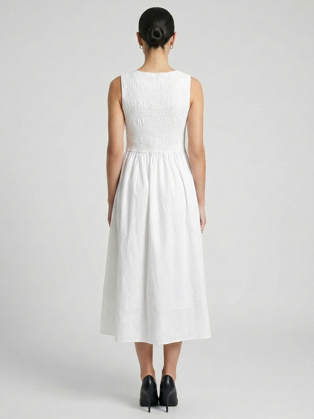 Women White Cotton Solid Smocked Shirred Dress 3