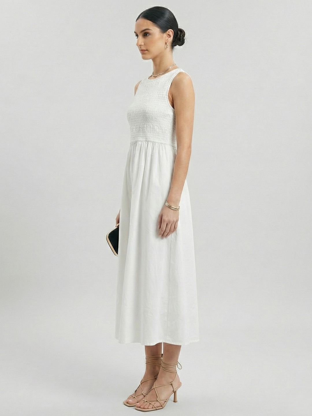 Women White Cotton Solid Smocked Shirred Dress 4