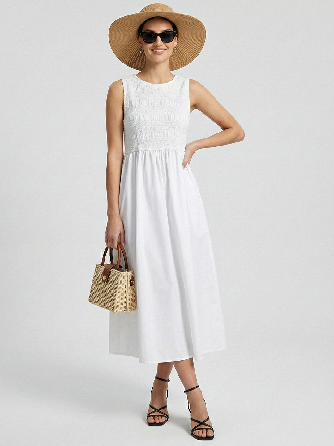 Women White Cotton Solid Smocked Shirred Dress 5