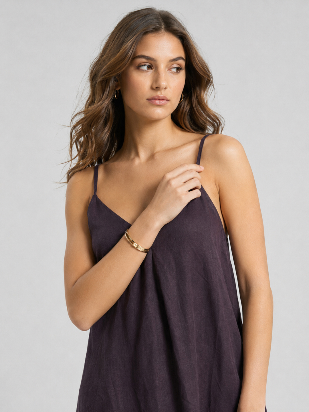 Women Brown Cotton Solid Strappy Dress 2