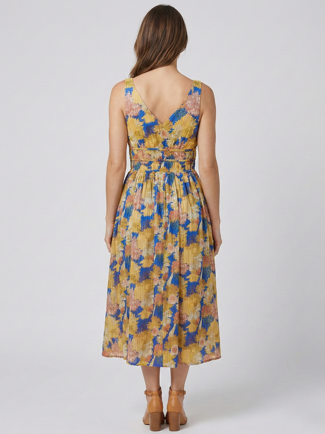Women Blue & Mustard Floral Print Cotton Modal Midi Dress 4