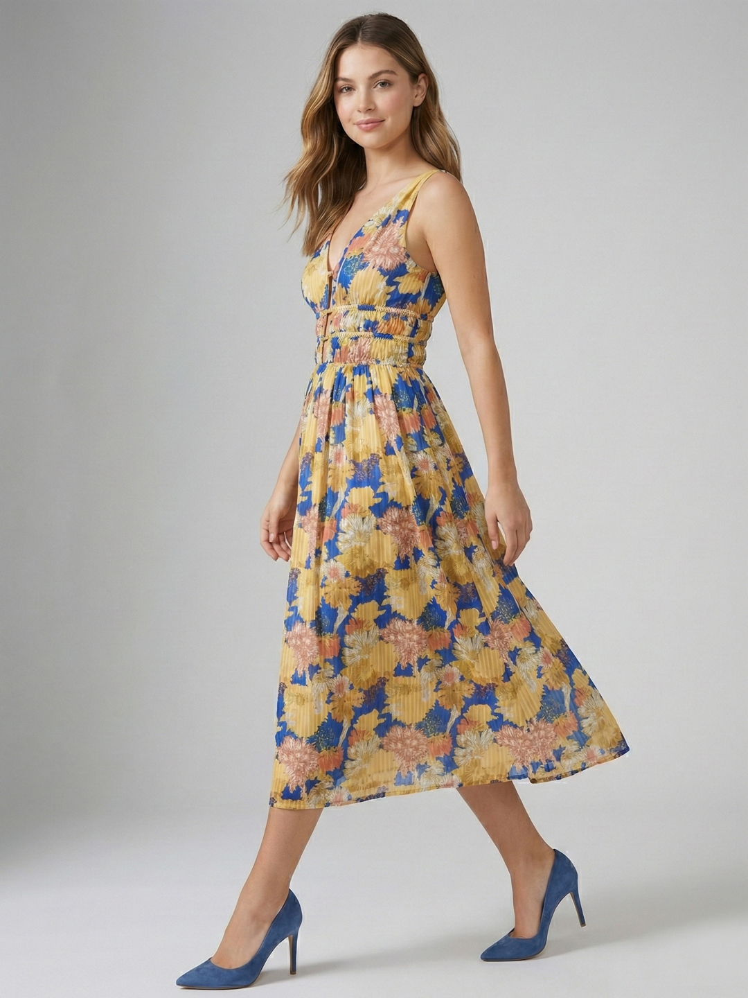 Women Blue & Mustard Floral Print Cotton Modal Midi Dress 5