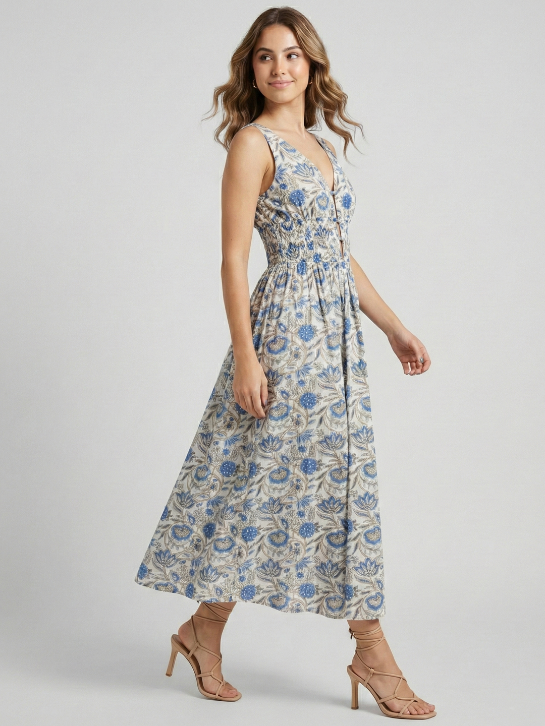 Women Blue & White Floral Print Cotton Modal Midi Dress 3