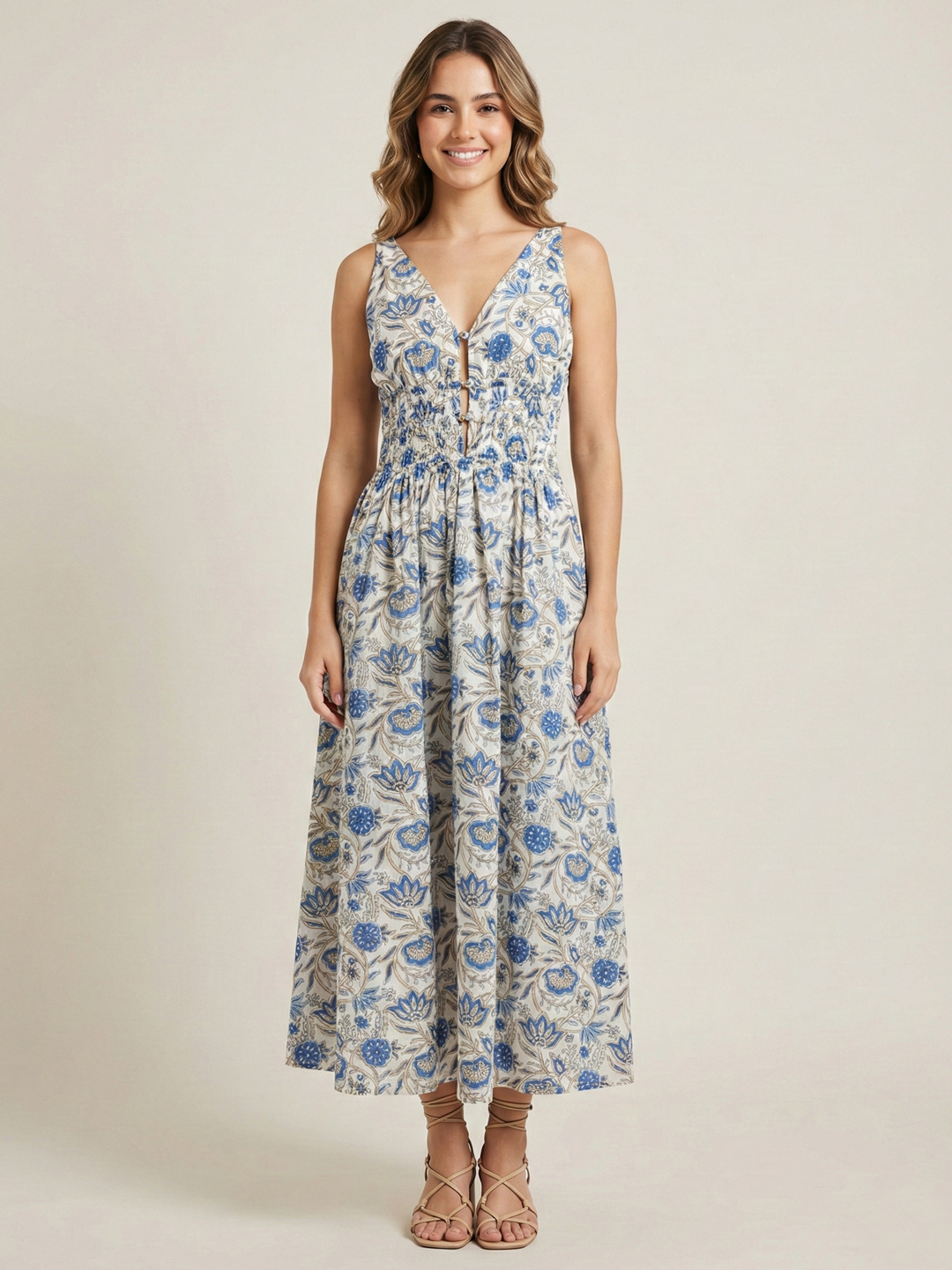 Women Blue & White Floral Print Cotton Modal Midi Dress 4