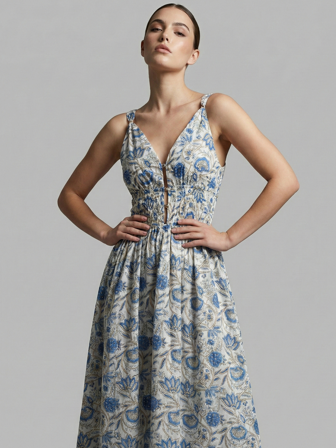 Women Blue & White Floral Print Cotton Modal Midi Dress 5