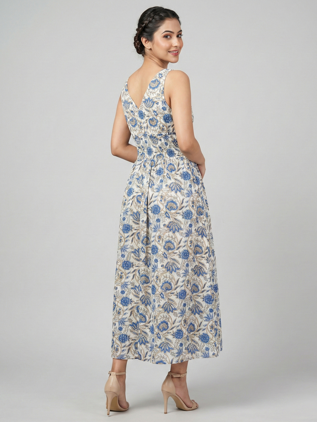 Women Blue & White Floral Print Cotton Modal Midi Dress 6
