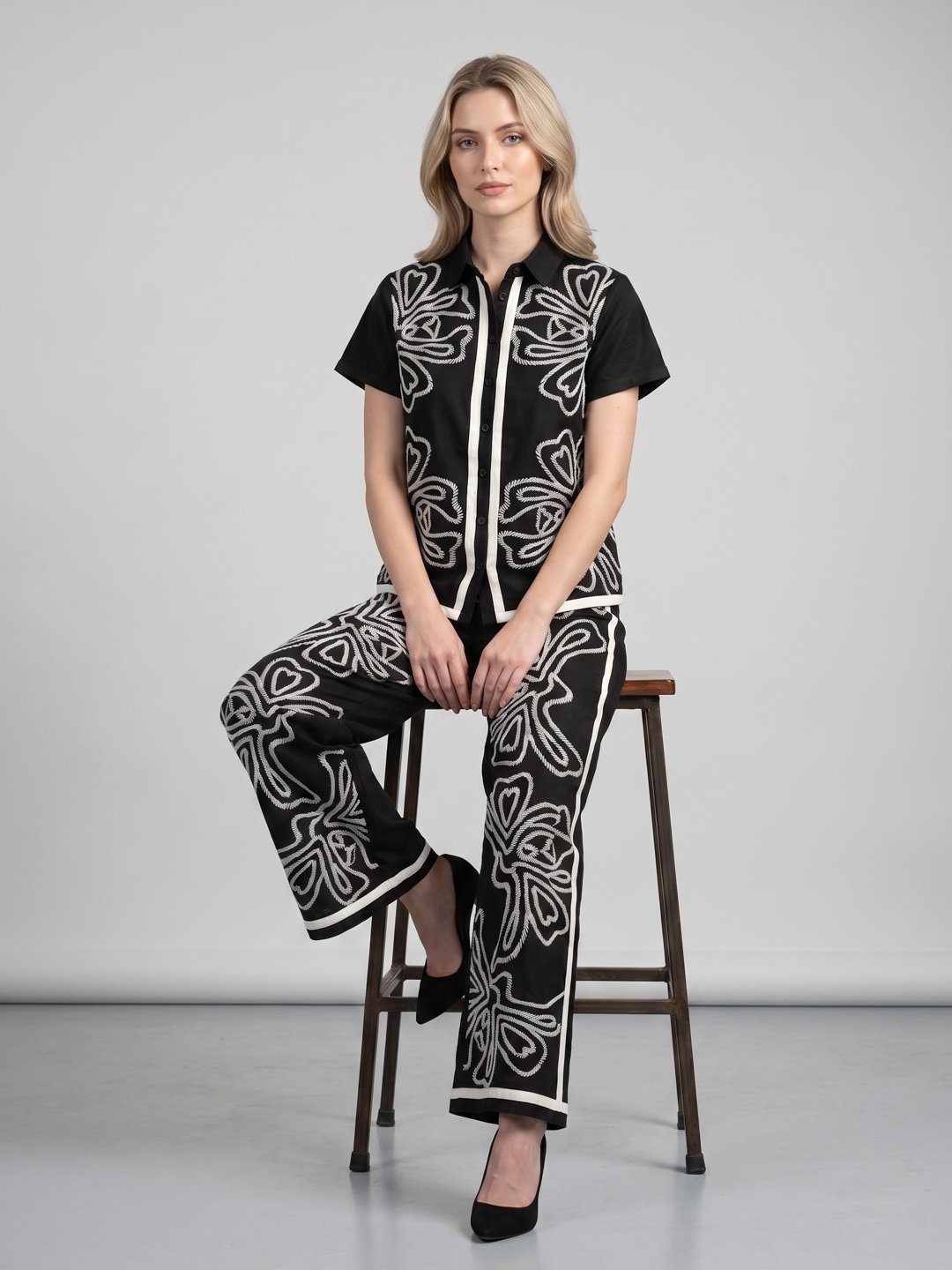 Women Black & White Embroidered Pure Cotton Co-ord Set 2