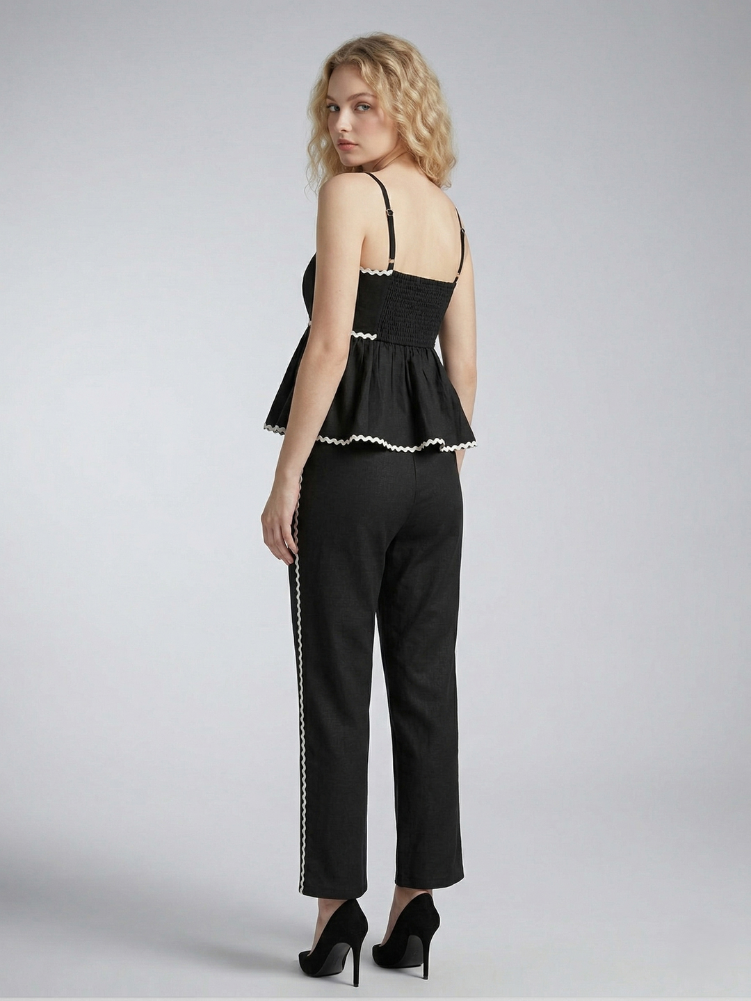 Women Black Cotton Zig-Zag Lace Inserted Co-Ord Set 3