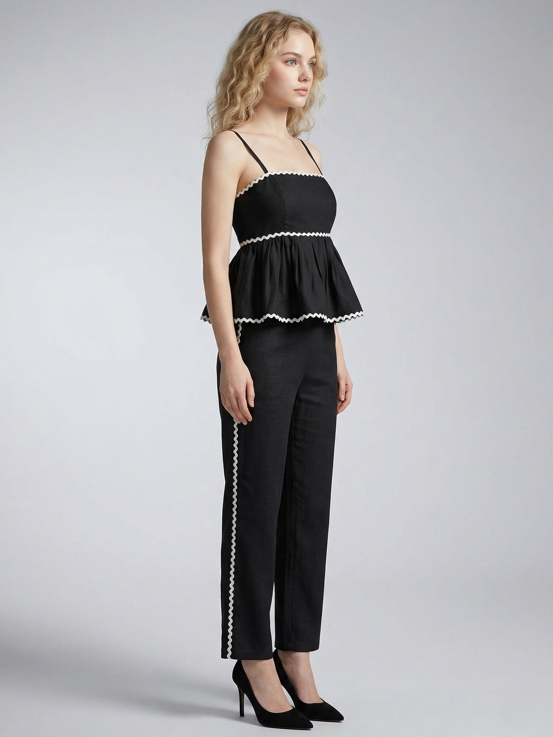 Women Black Cotton Zig-Zag Lace Inserted Co-Ord Set 5