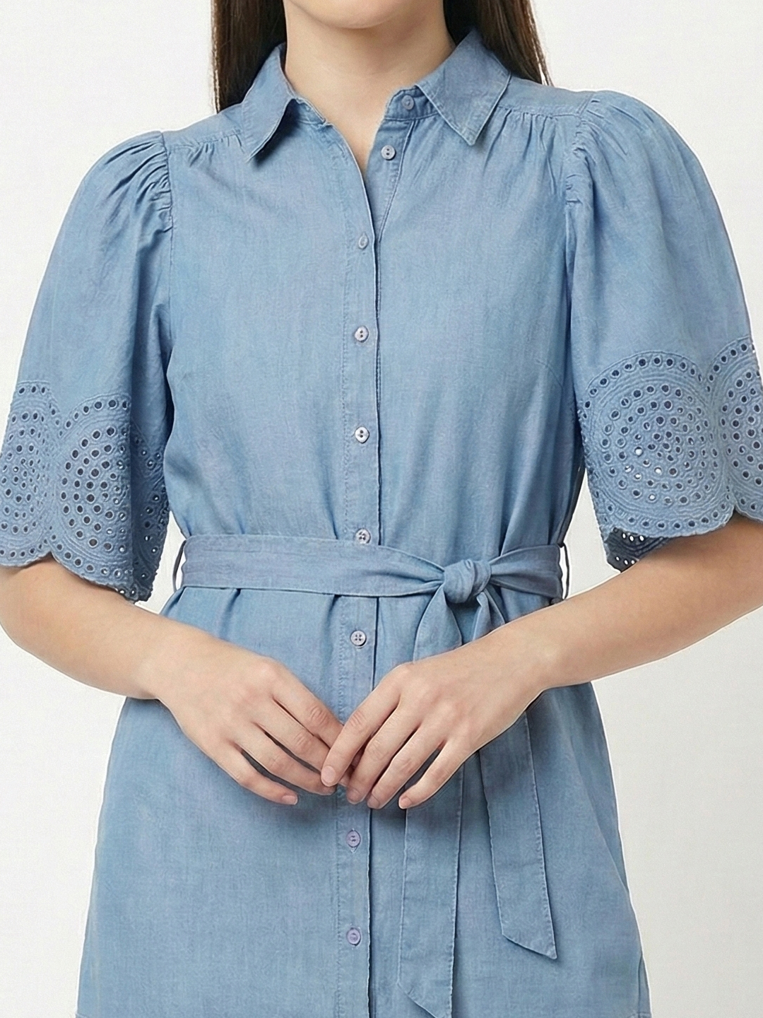 Women Light Bue Denim Shirt Style Schiffli Dress 2