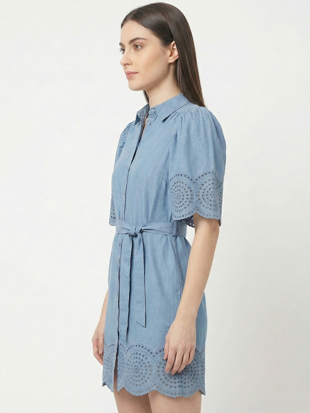 Women Light Bue Denim Shirt Style Schiffli Dress 3