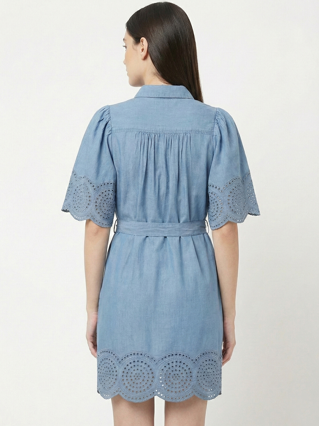 Women Light Bue Denim Shirt Style Schiffli Dress 4