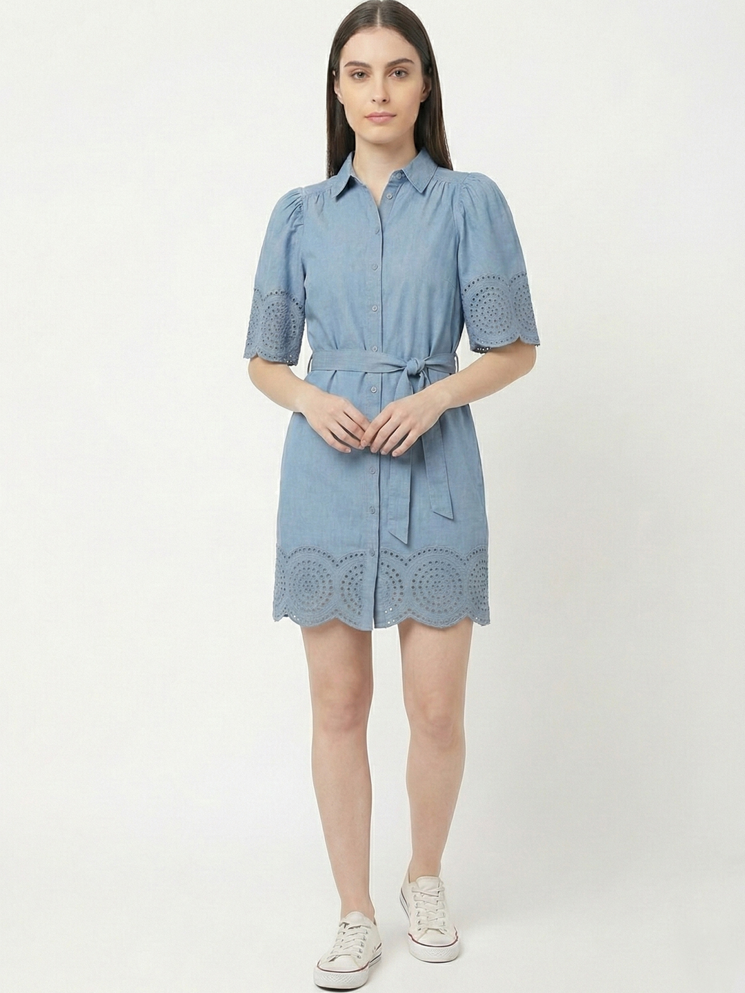 Women Light Bue Denim Shirt Style Schiffli Dress 5