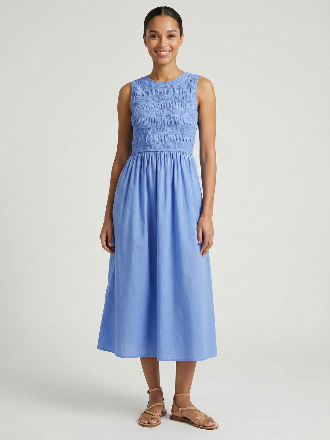 Women Light Bue Cotton Solid Smocked Shirred Dress