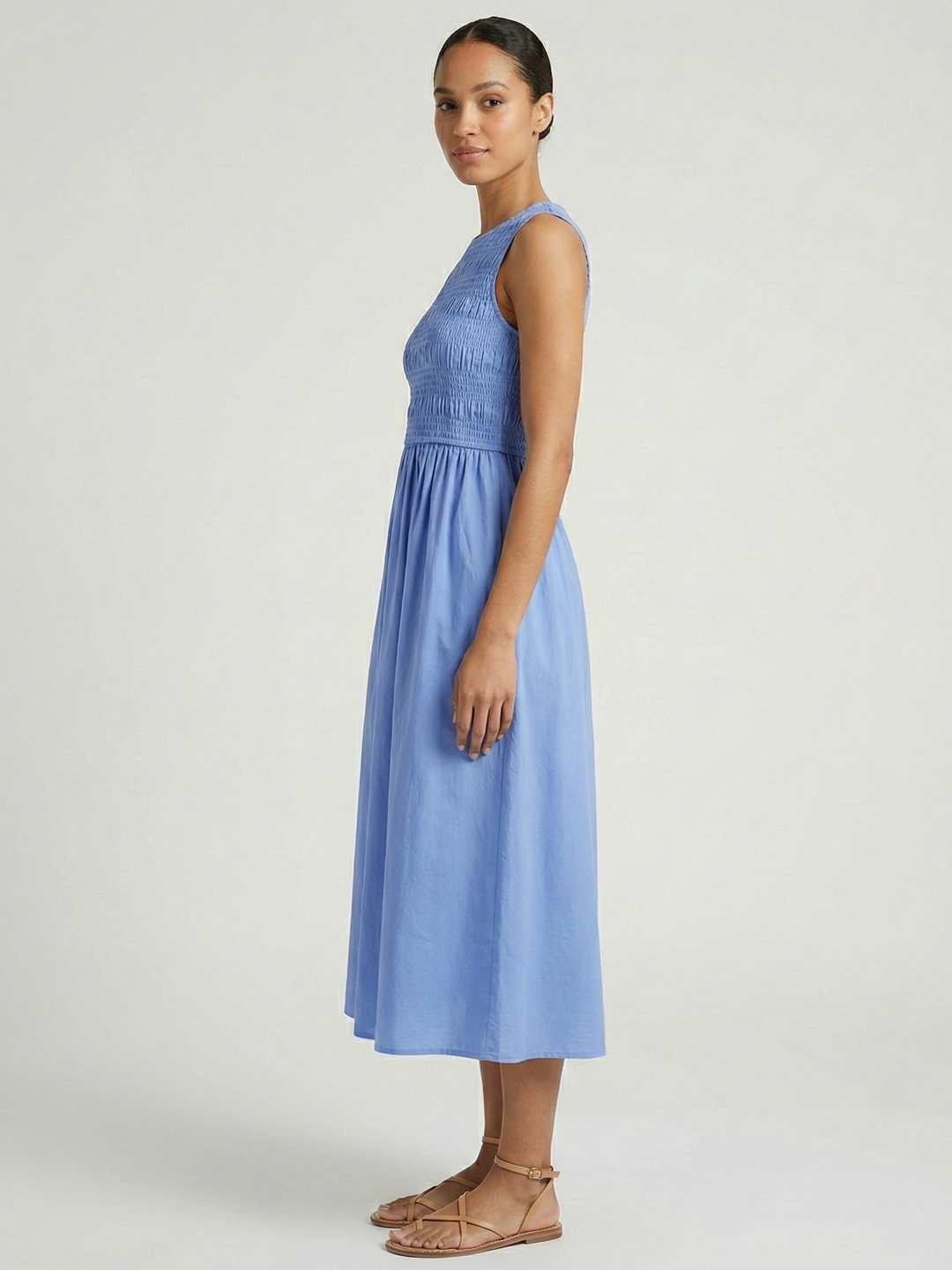 Women Light Bue Cotton Solid Smocked Shirred Dress 2